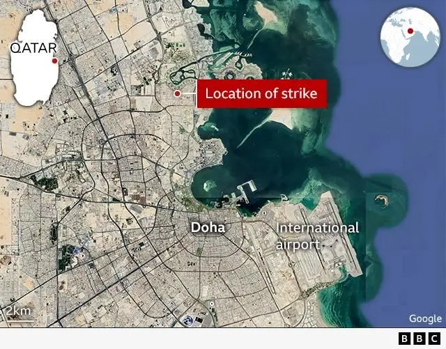 A map showing where the Israeli strikes hit in the Qatari capital Doha