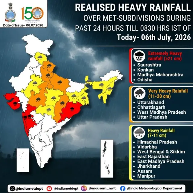 5 जुलै सकाळी 8.30 ते 6 जुलै सकाळी 8.30 या 24 तासांत मध्य महाराष्ट्रात अतिमुसळधार पाऊस पडला.