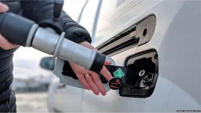 गाड़ी में हाइड्रोजन गैस भरते तस्वीर