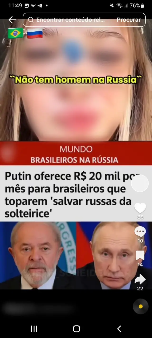 Post em redes sociais diz que Putin oferece salário a brasileiros que namorem russas