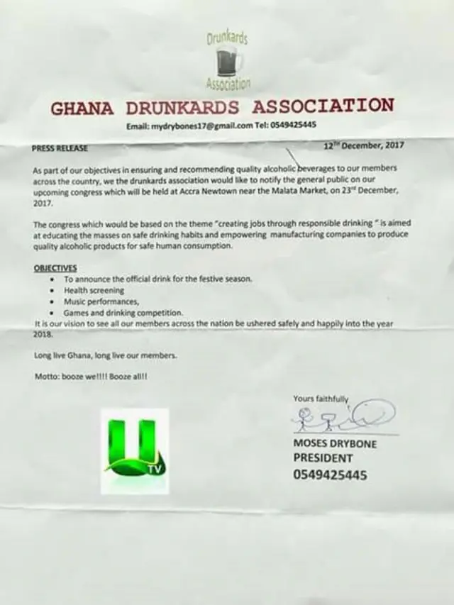 Press release for Ghana Drunkards Association