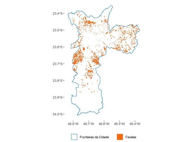 Mapa mostra a localização das 1.727 favelas de São Paulo, observadas entre 2006 e 2018, a partir de dados da prefeitura