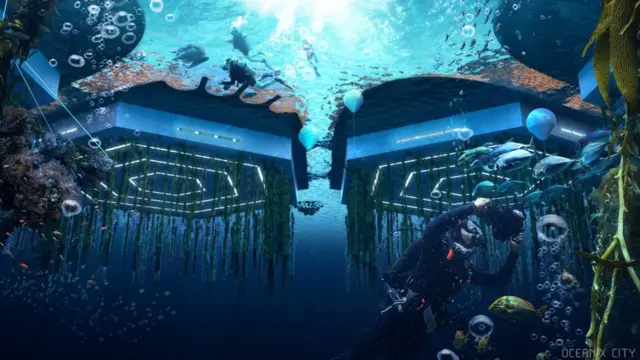 A sketch of Oceanix City homes from underwater.