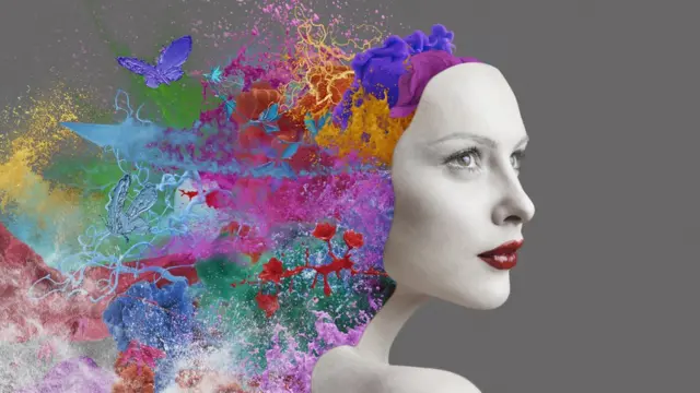 Imagen computacional de mujer y cabeza con colores.