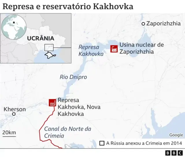 mapa que mostra o local da barragem rompida e outras regiões próximas