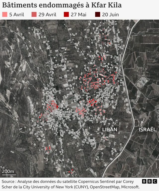 Une carte illustrée montre l'emplacement des bâtiments endommagés à Kfar Kila.