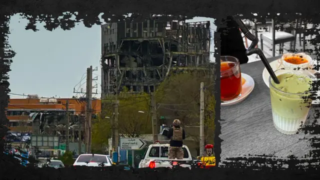 Left image: A figure in a military vest, helmet and fatigues standing in the back of a white pick-up trick, which is driving along a road. A damaged building can be seen in the background. Right image: Green matcha latte and tea on a cafe table, with a cheesecake dessert in the background. The image has had a frame added in the style of distressed black paint.