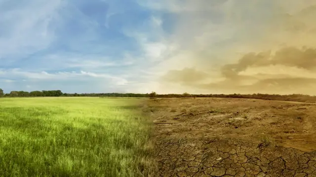 Montagem mostra terrenoapostas on line na loteria da cefuma metade com céu limpo e cobertura vegetal;apostas on line na loteria da cefoutra metade, solo rachando e ar poluído