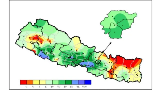 नेपालमा वर्षा भइरहेका स्थानहरू (हरियोमा)