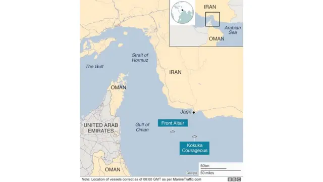 တိုက်ခိုက်ခံရတဲ့ သင်္ဘော နှစ်စင်း တည်ရှိရာနေရာ။