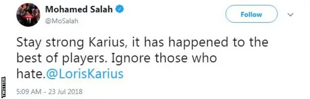 Mohamed Salah's tweet to Loris Karius