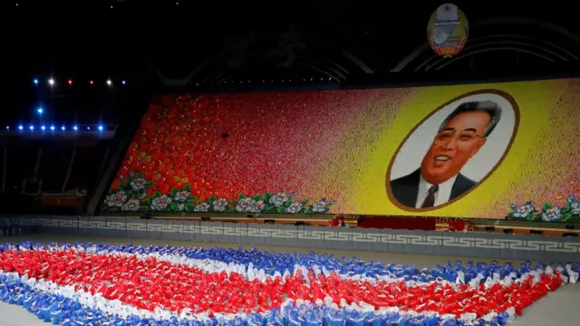 Performers holding up coloured boards creating a huge portrait of Kim Il-sung