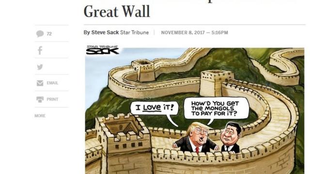 卡通图片显示特朗普在长城上对习近平说，"我喜欢。你是如何让蒙古人掏钱修墙的？"