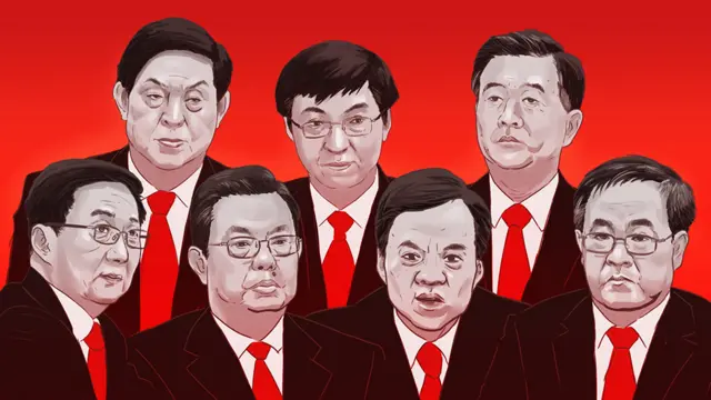 由左至右：韓正、栗戰書、趙樂際、王滬寧、陳敏爾、汪洋、胡春華