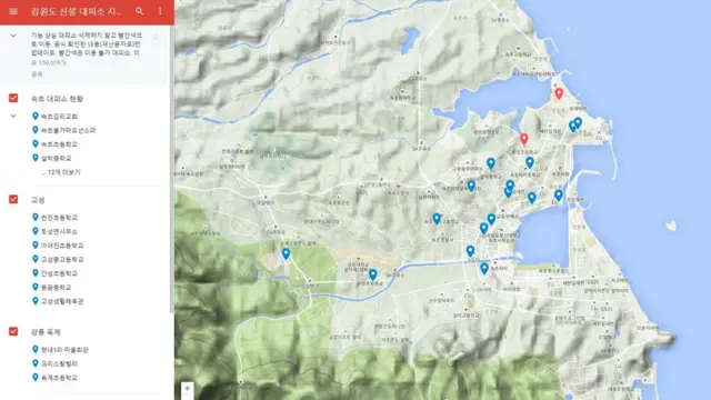 강원도에 마련된 산불 대피소를 보기 쉽게 정리한 지도