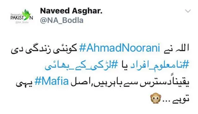 نوید اصغر لیکي: "خدای دې احمد نوراني ته نوی ژوند ورکړي، ناپېژاندو کسانو یا د نجلۍ ورور، ته په رښتیا هم د چا لاس نه ور رسېږي. اصلي مافیا خو همدوی دي.