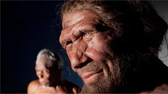 Imagem mostra figuras representando homens neandertais