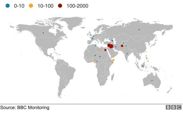 Ramani inayoonyesha mashambulio ya IS kwa taifa tangu Januari 2018 kwa mwezi
