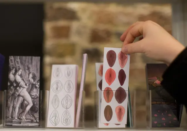 Bookmarks on sale during the press preview of the new Vagina Museum in Camden market
