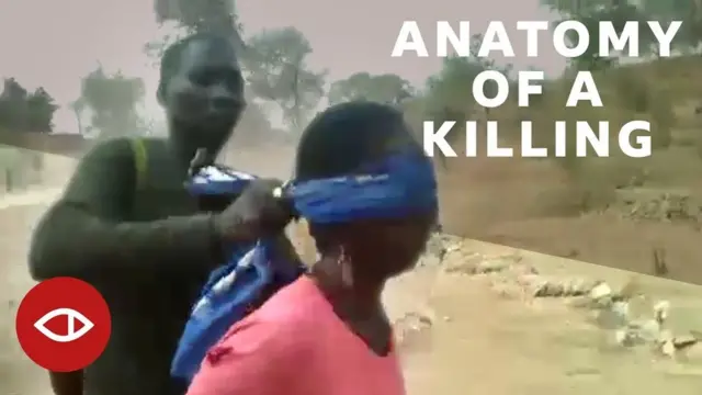 Video foto from di viral clip wia one soldier dey push woman wey get blindfold for eye