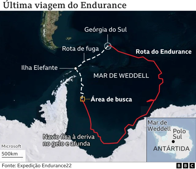 Mapa mostra rota da última viagem do Endurence