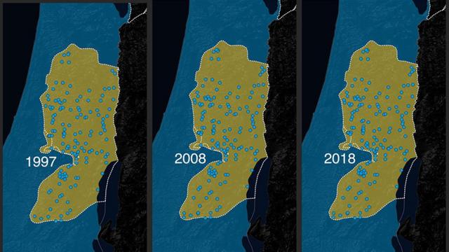 المستوطنات الإسرائيلية ونموها في الضفة الغربية بين عامي 1997 و 2018.