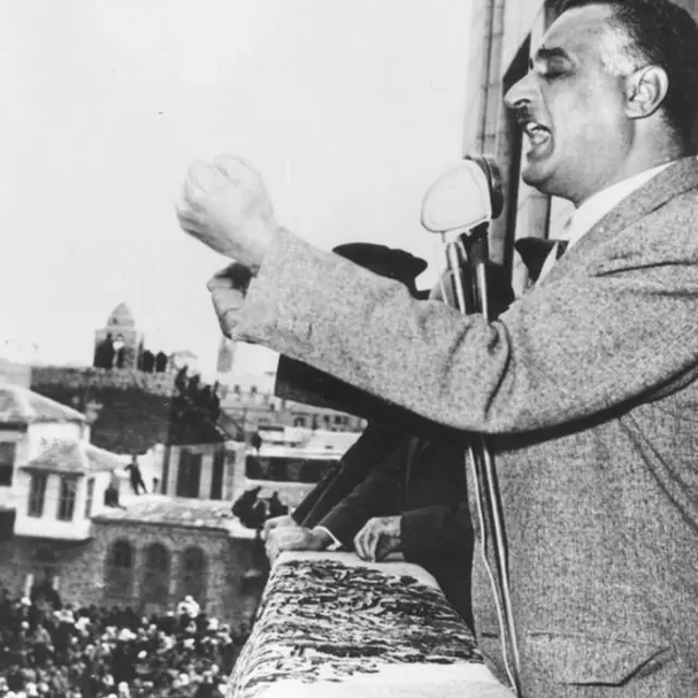 Gamal Nasser durante el discurso que conmemoraba el segundo aniversario de la República Árabe Unida en Damasco.