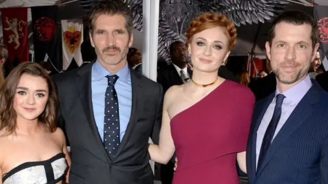 Benioff (second left) and Weiss pose for foto wit Maisie Williams and Sophie Turner