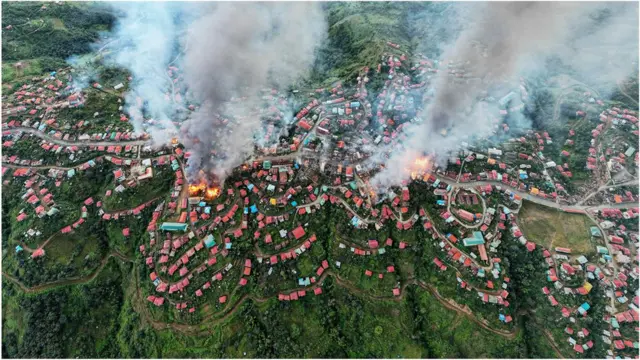 সামরিক হামলায় আগুন জ্বলছে একটি গ্রামে, ২০২১ সালের অক্টোবরের ঘটনা