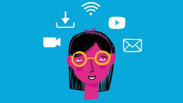 Ilustración de una niña con aplicaciones.