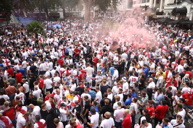 England fans in Leicester Square ahead of the match, in London, on 11 July 2021