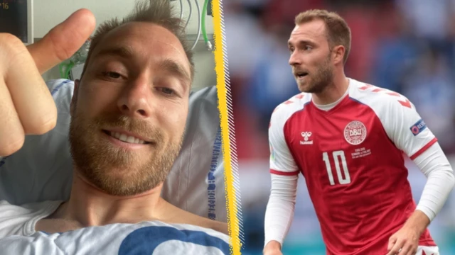 Christian Eriksen pictured with his thumb up while recovering in hospital and playing for Denmark