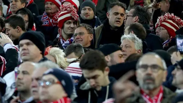Ragnick, pictured among Leipzig fans at Borussia Dortmund in 2017, when he was the club's director of football
