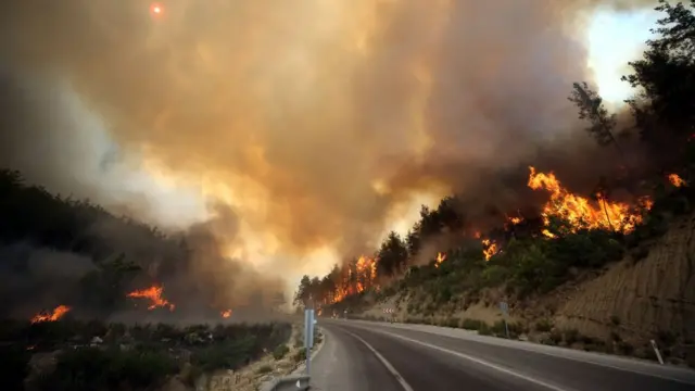 Дорога и горящий лес в Анталии