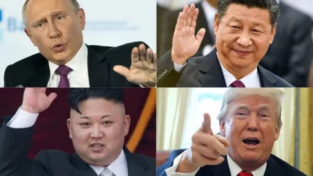 Montagem com fotoscomo sacar no esporte da sorteVladimir Putin (Rússia), Xi Jinping (China), Kim Jong-un (Coreia do Norte) e Donald Trump (EUA)