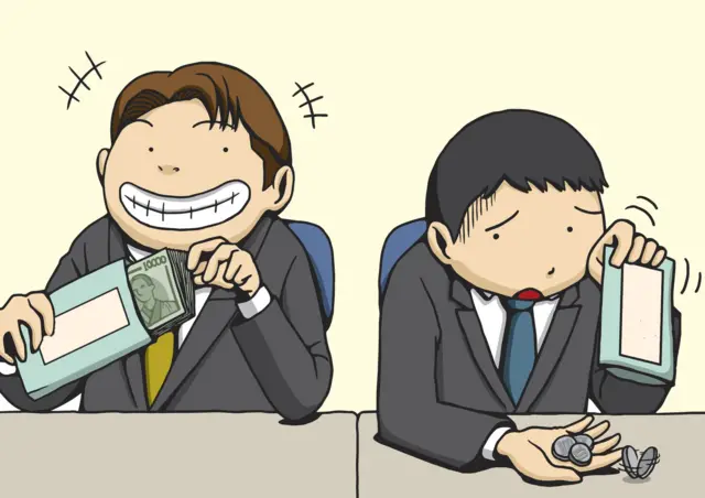 Ilustración de jefe y empleado recibiendo diferentes cantidades de dinero