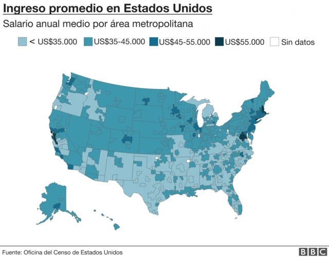 Mapa de los ingresos por áreas metropolitanas.