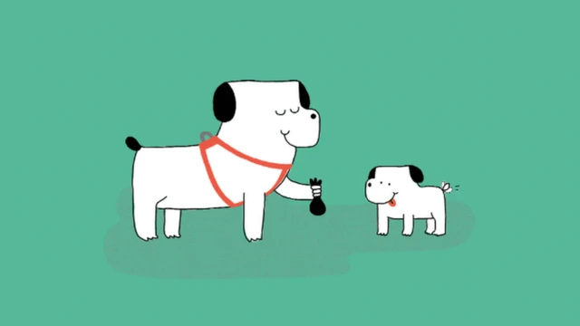 Animación de un perro limpiando su propio excremento.