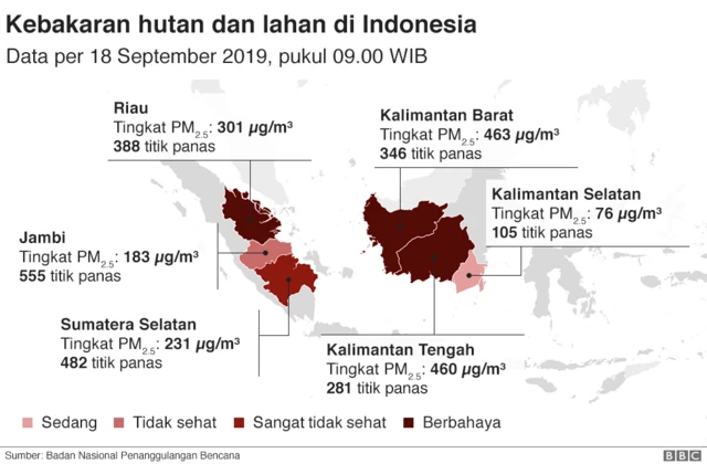 Peta kualitas udara di wilayah terdampak kebakaran hutan dan lahan