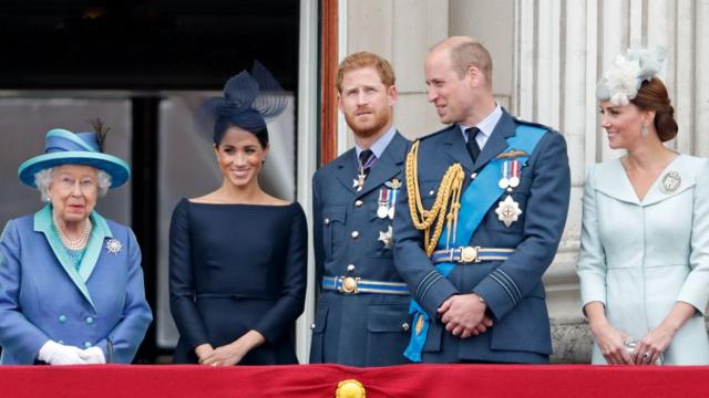 Queen Elizabeth II, Meghan, Duchess of Sussex, Prince Harry, Duke of Sussex, Prince William, Duke of Cambridge and Catherine, Duchess of Cambridge watch a flypast to mark the centenary of the Royal Air Force from the balcony of Buckingham Palace on July 10, 2018