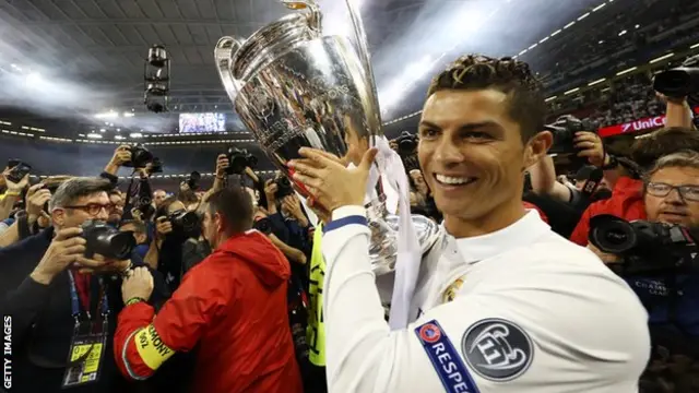 Cristiano Ronaldo holds the Champions League trophy after Real Madrid beat Juventus in the 2017 final