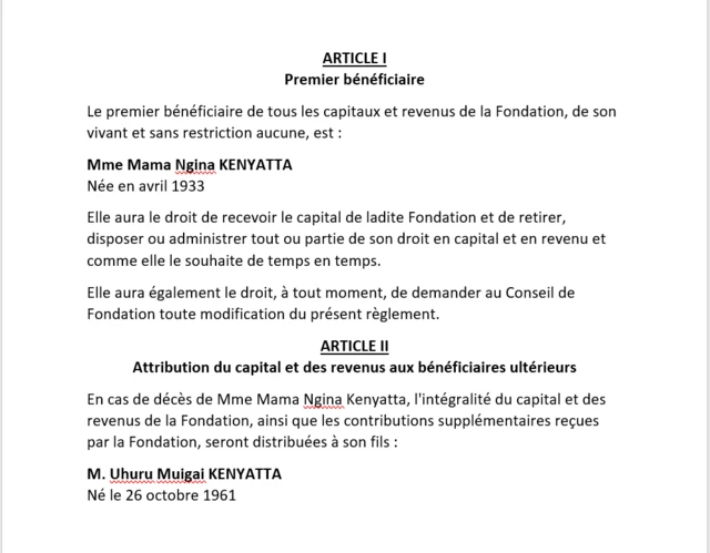 Une capture de document montre que le président Kenyatta est listé comme héritier d'une fondation secrète