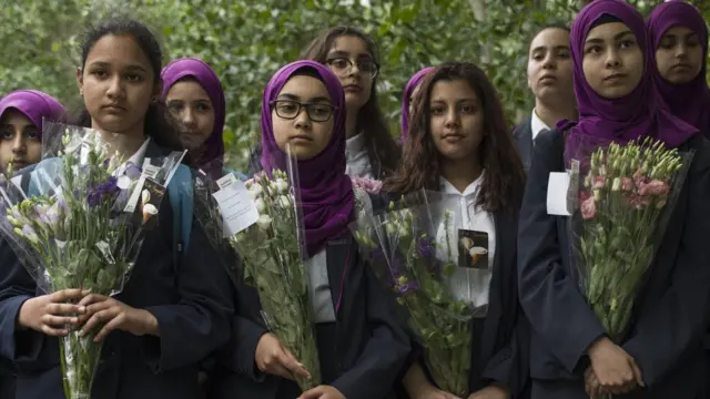 Niñas con ofrendas florales.