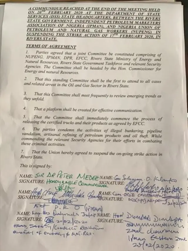 Communiqué of di agreement to call off fuel strike