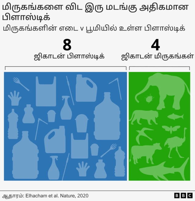 4 ஜிகாடன் (gigatonnes) விலங்குகளுக்கு எதிராக 8 ஜிகாடன் பிளாஸ்டிக் உலகில் உள்ளது என்பதைக் காட்டும் விளக்கப்படம்.