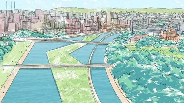 Ilustração mostra como seria marginal com um lago e áreas verdes