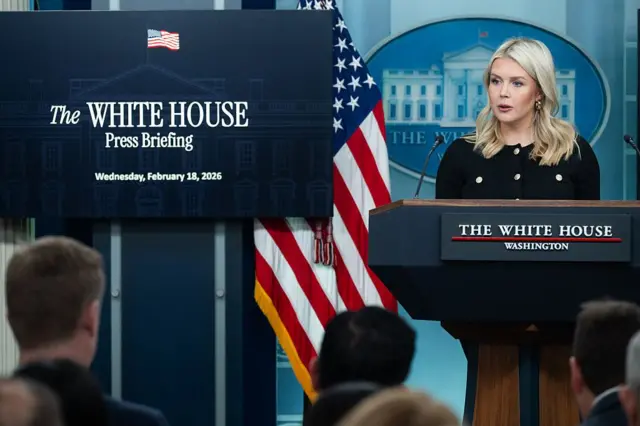  Пресс-секретарь Белого дома Кэролайн Ливитт в ченом жакете стоит за трибуной с надписью «Белый дом. Вашингон» перед журналистами. 