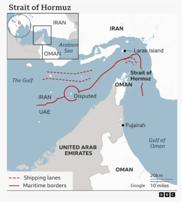 ဟော်မုဇ်ရေလက်ကြားနဲ့ အီရန်ဆိပ်ကမ်းတွေကို ပြတဲ့ မြေပုံ