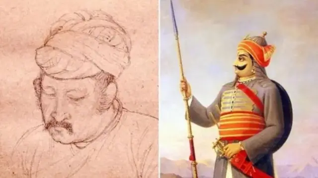 اکبر بائيں اور بھالے کے ساتھ مہارانا پرتاپ