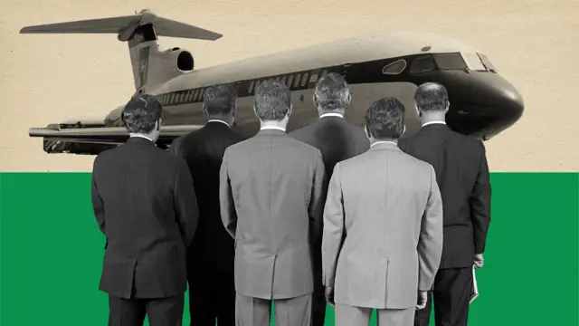 altı takım elbiseli arkası dönük adam, bir uçak görseliyle birleştirilmiş, arka zemin yeşil ve açık kahverengi.